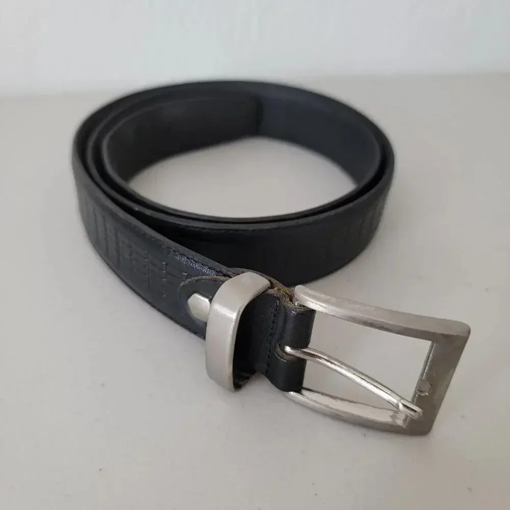 Genuine Italian Leather Belt Black Mens Size 32 Silver Buckle Classic 1.25 Inch